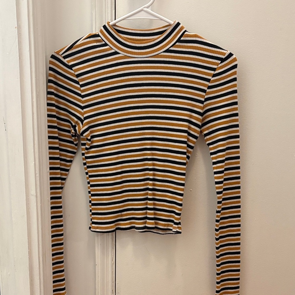 Striped Long Sleeve Ribbed Mock Neck Top